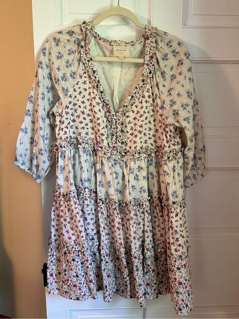 Sezane Cream Tiered Mixed Floral Babydoll Dress